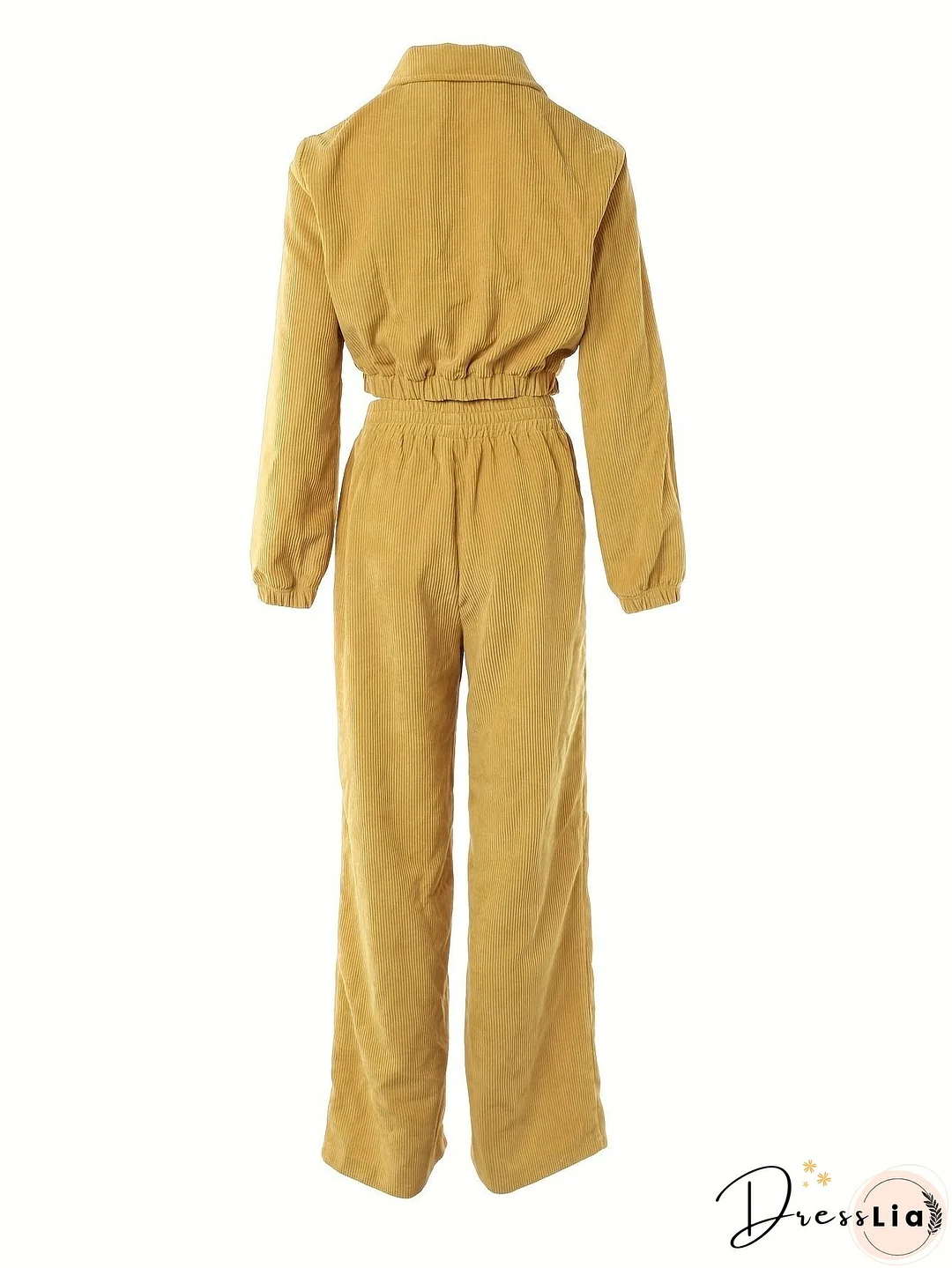 Casual Corduroy Two-piece Set, Zip Up Crop Top & Pants Outfits, Women's Clothing