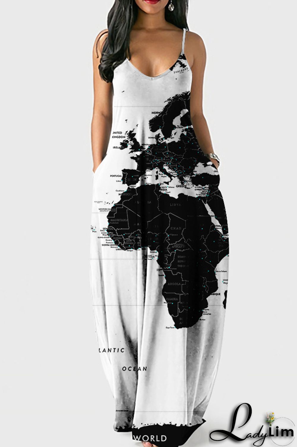 White Blue Fashion Sexy Print Backless Spaghetti Strap Long Dress