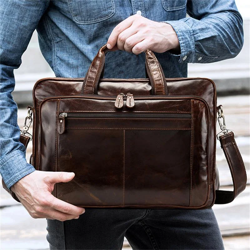 Classic Briefcase Leather Men's Portable 17 Inch Computer Bag Travel Bag