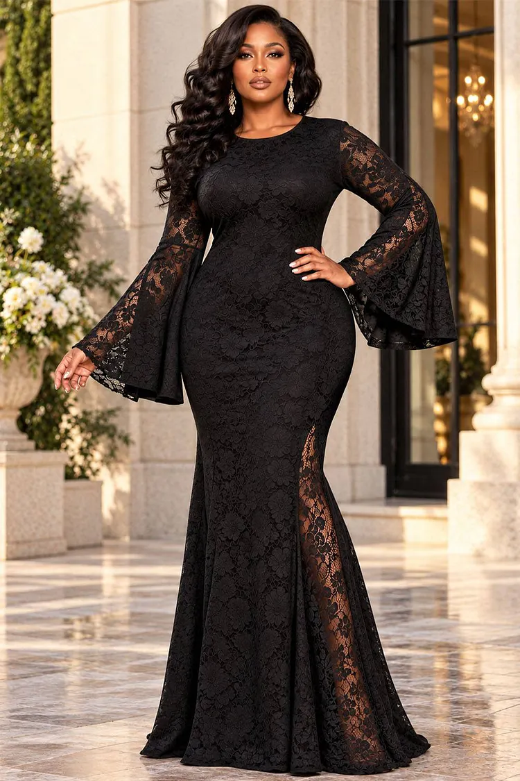 Xpluswear Design Plus Size Cocktail Party Black Round Neck Flare Long Sleeve See Through Lace Maxi Dresses [Pre-Order] 2024 - Xpluswear