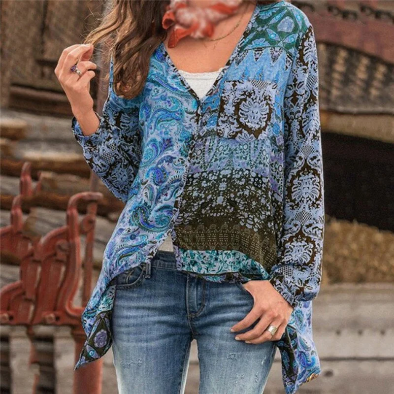 GAOKE Women Tops And Blouses Long Sleeve Bohemian Beach Loose Female Shirt Blouse Boho Fashion V Neck Lady Top Blusas