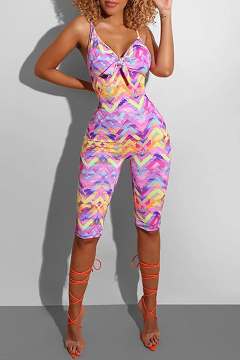 Fashion Sexy Print Backless V Neck Skinny Romper