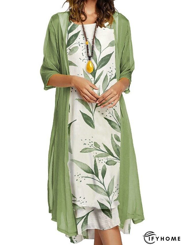 Women's Dress Set Two Piece Dress Shift Dress Midi Dress Green 3/4 Length Sleeve Floral Print Summer Spring Crew Neck | IFYHOME