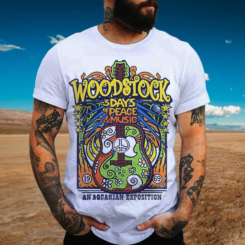 Woodstock 3 Days Of Peace & Music Guitar Printed T-shirt