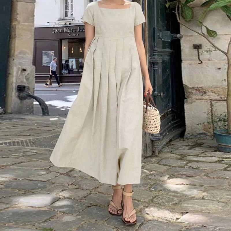 Women Elegant Short Sleeve Beach Dress 2022 ZANZEA Fashion Summer Square Neck Party Midi Sundress Casual Solid Vestidos Kaftan