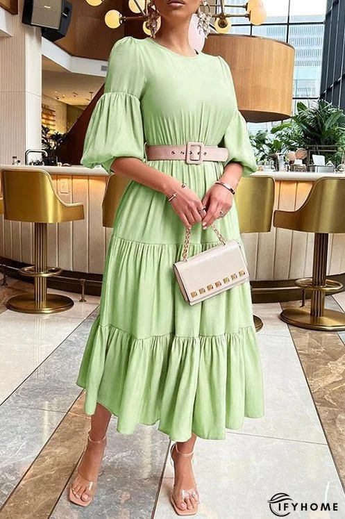 O Neck Puff Sleeve Ruffles Midi Dress | IFYHOME