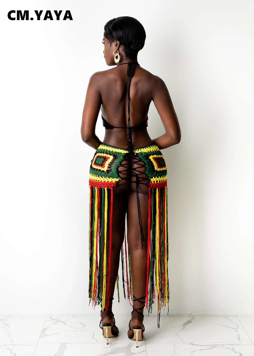 CM.YAYA Women Beach Dress Hand Crocheted Knitted Halter Tassel Long Dresses Bandage Hollow Out Sexy Fashion Beachwear Summer