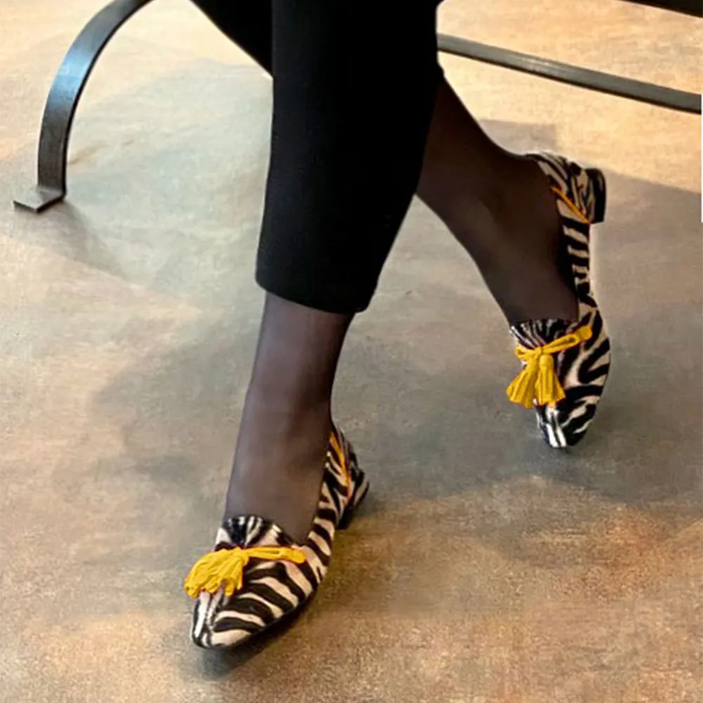Black and Beige Round Toe Zebra Print Women's Loafers with Tassels