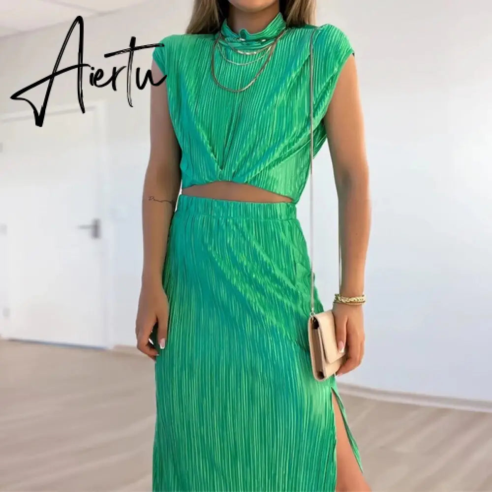 Glitter Material Pleated Skirt Set 2 Pcs Women Outfits Summer Slit Maxi Long Dress Set Stand Collar Sleevleess Party Suit Casual Aiertu