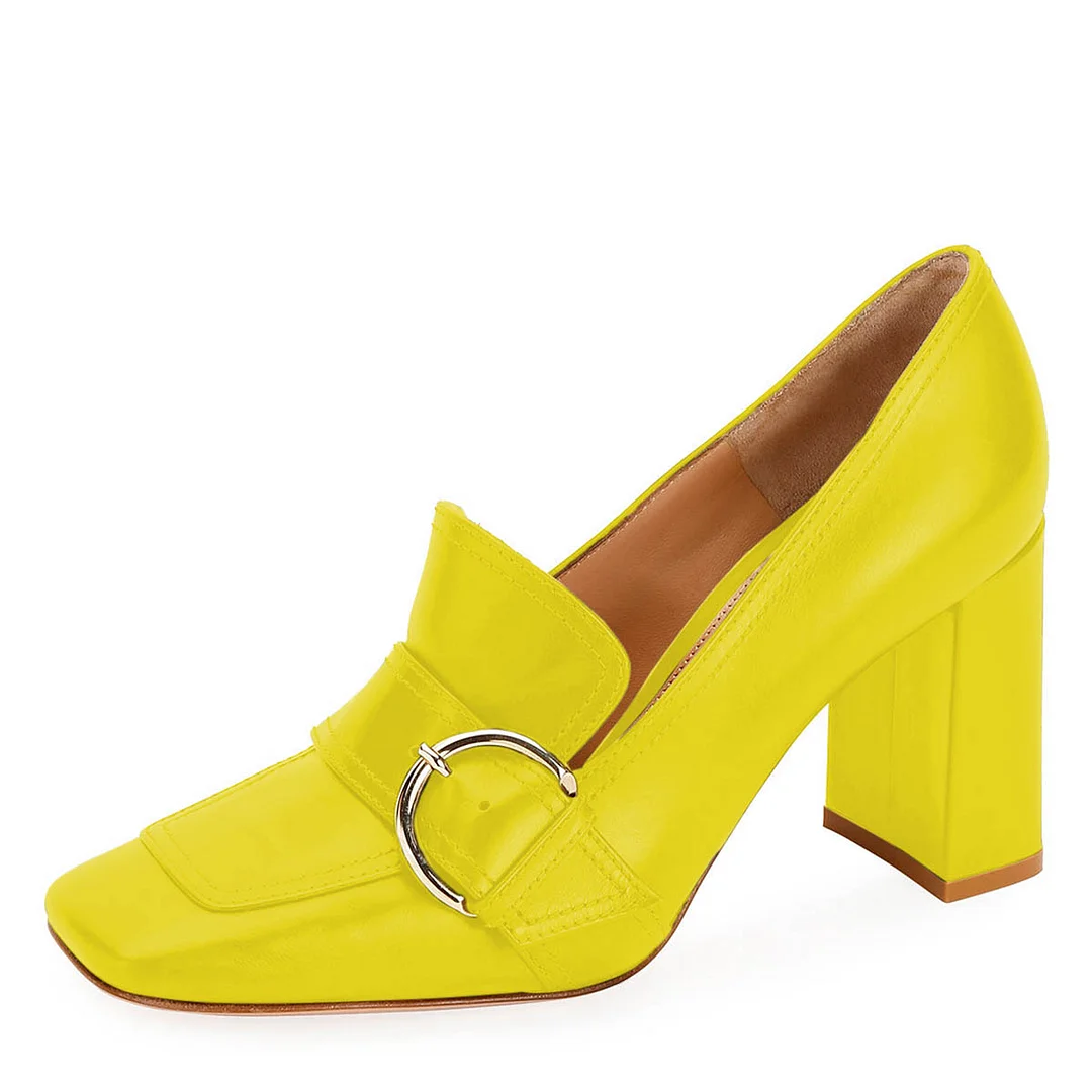 Vegan Leather Square Toe Buckle Chunky Heel Women's Loafers in Yellow