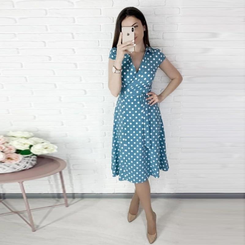 Women Casual A line Dot Printing V neck Lace Turn Down Collar Off the shoulder Mid Dress Pink2021 New Fashion Sexy Summer Dress