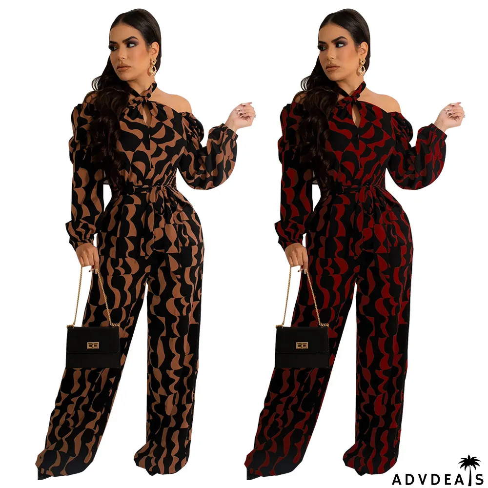 Print Halter Long Sleeve Jumpsuit