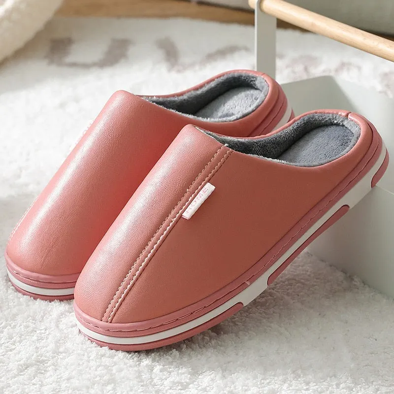 Leather Slippers Waterproof Women's Slippers for Home Velvet Plush Fur Slippers Couple Bedroom Slippers Soft Shoes for Home