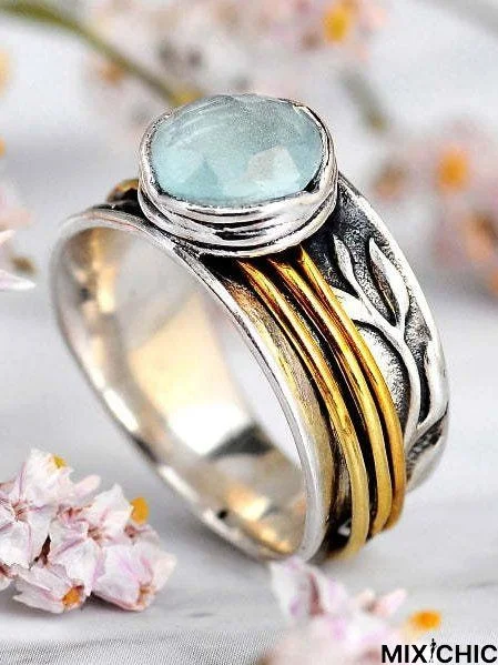 Vintage Two Tone Metal Ring with Green Crystal Boho Ethnic Jewelry