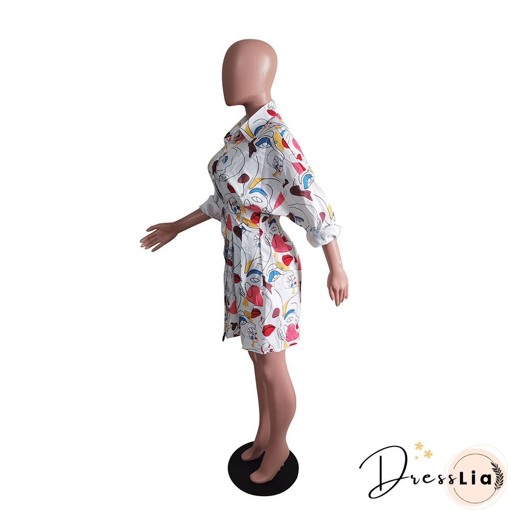 Fashion Newspaper Print Long Sleeve Women Turn Down Collar Button Up Streetwear Shirt Midi Dress
