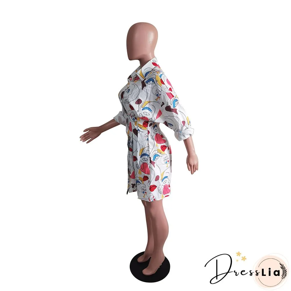 Fashion Newspaper Print Long Sleeve Women Turn Down Collar Button Up Streetwear Shirt Midi Dress