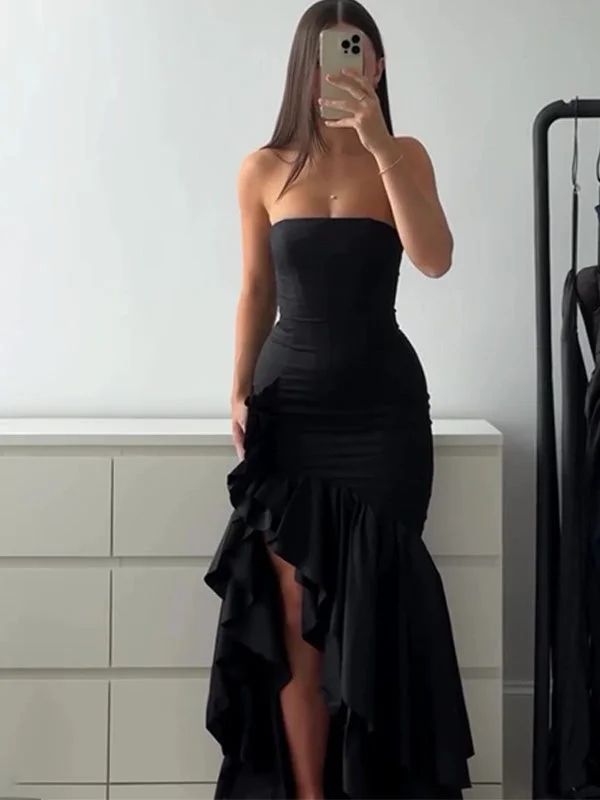 Style & Comfort for Mature Women Women's Strapless Slit Ruffle Sexy High Waist Hip-covering Maxi Dress