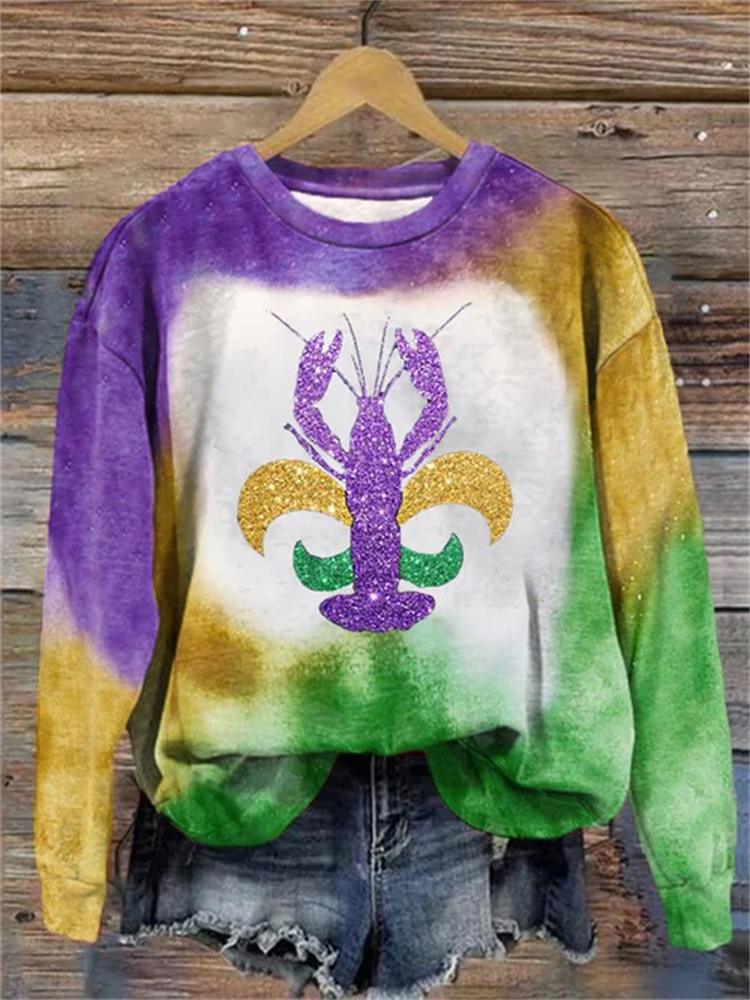 VChics Women's Mardi Gras Glitter Crawfish Tie-Dye Print Casual Sweatshirt