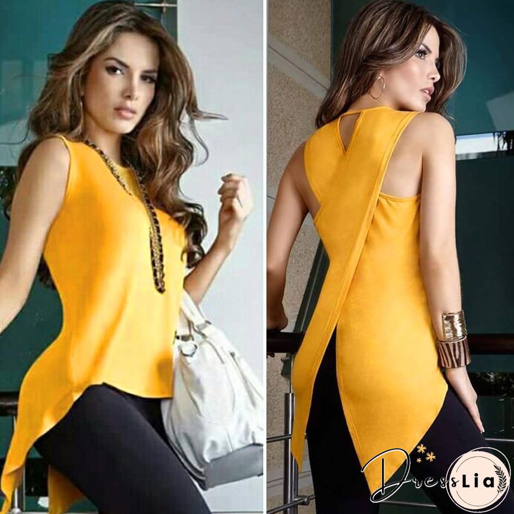 Women Cross Irregular Sleeveless Backless Tops and Blouses