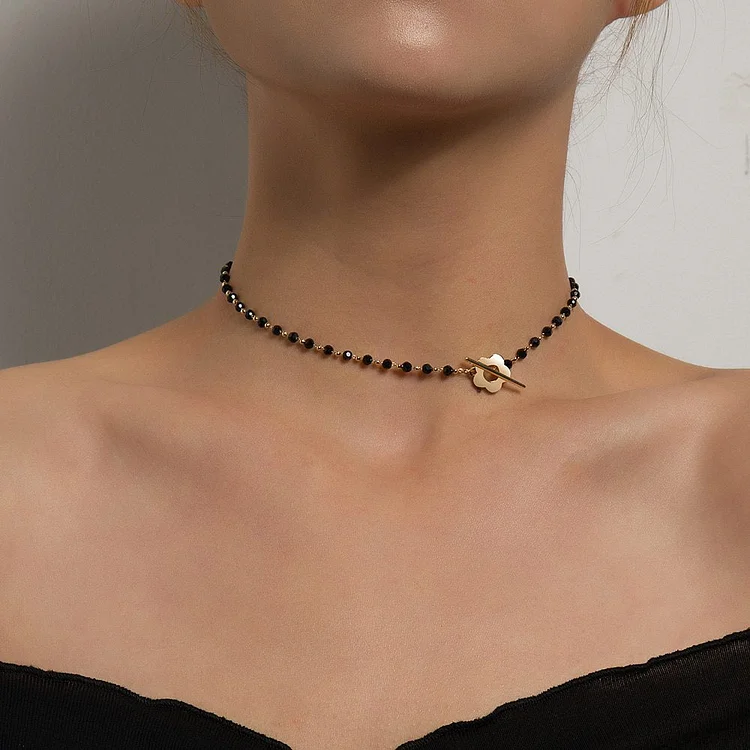 Black Crystal Glass Bead Chain Choker Necklace