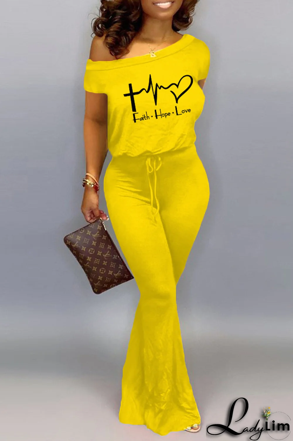 Grey Fashion Print Split Joint One Shoulder Boot Cut Jumpsuits