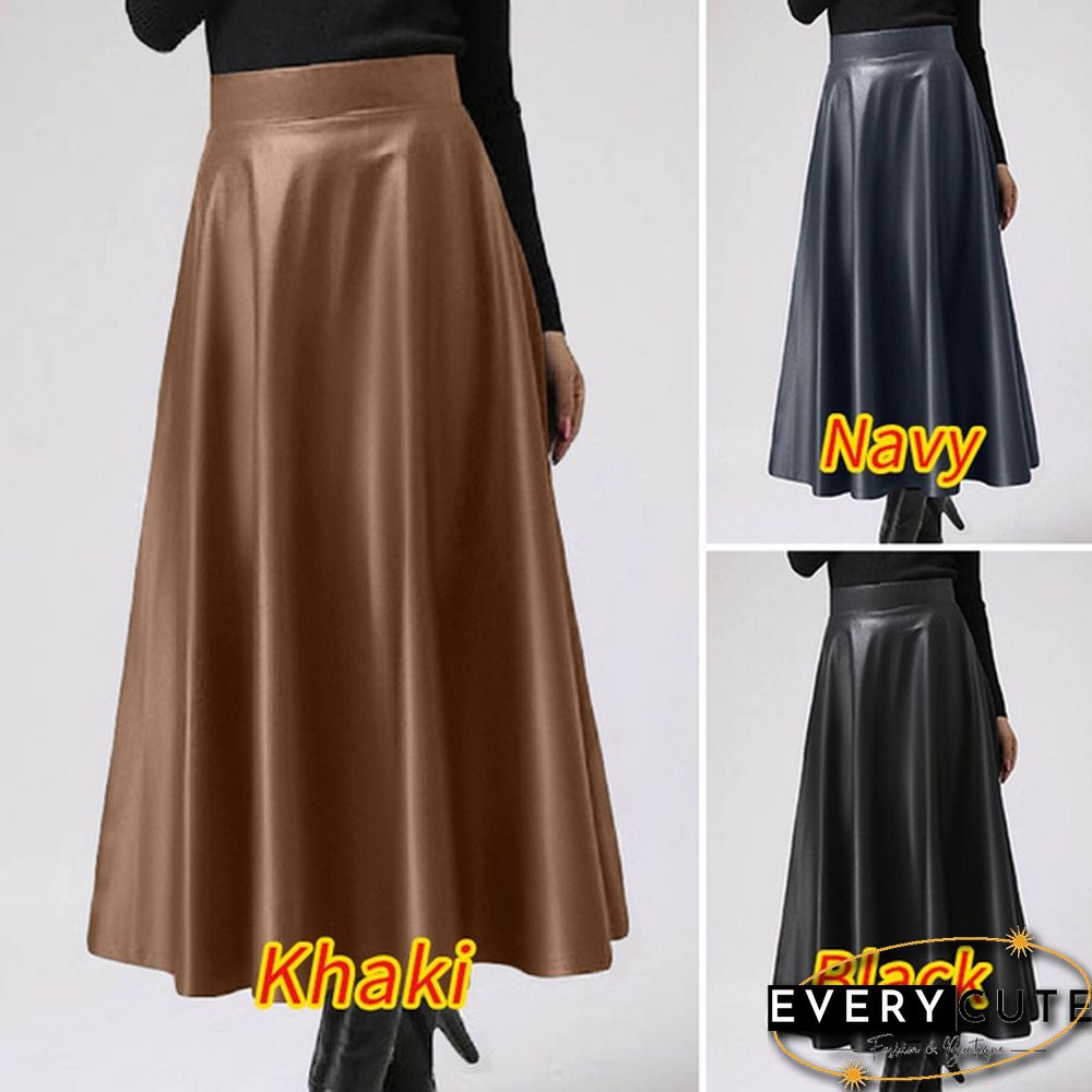 S- Women Faux Leather Vintage Maxi Long Skirts High Waist Pleated Big Swing Skirt Dress
