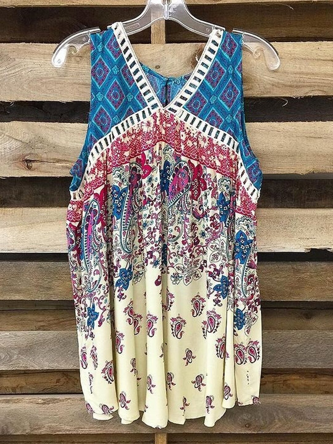 Paisley Sleeveless Printed Polyester V neck Boho Summer Blue Top