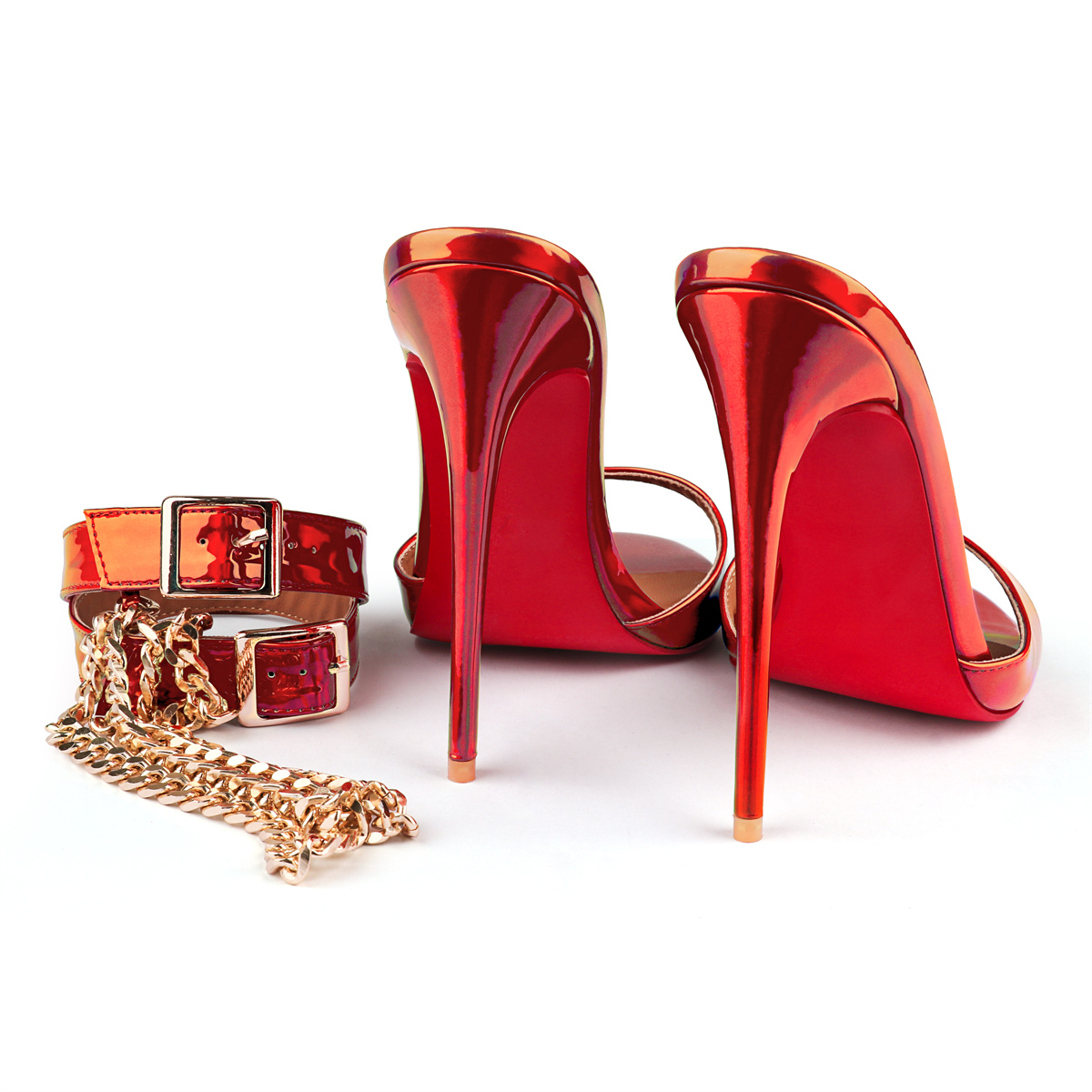 120mm Women's Red Bottom Sandals Open Toe Stiletto High Heels Vegan Mules Chain Strap Colorful -MERUMOTE