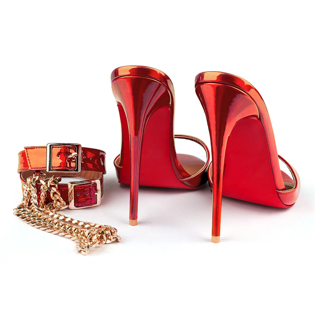 120mm Women's Red Bottom Sandals Open Toe Stiletto High Heels Vegan Mules Chain Strap Colorful -MERUMOTE