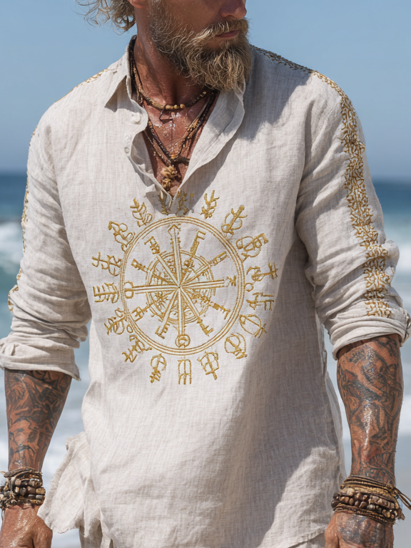 Men's Viking Compass Celtic Knot Long Sleeve Linen Henley Shirt / Rvogue / Rvogue