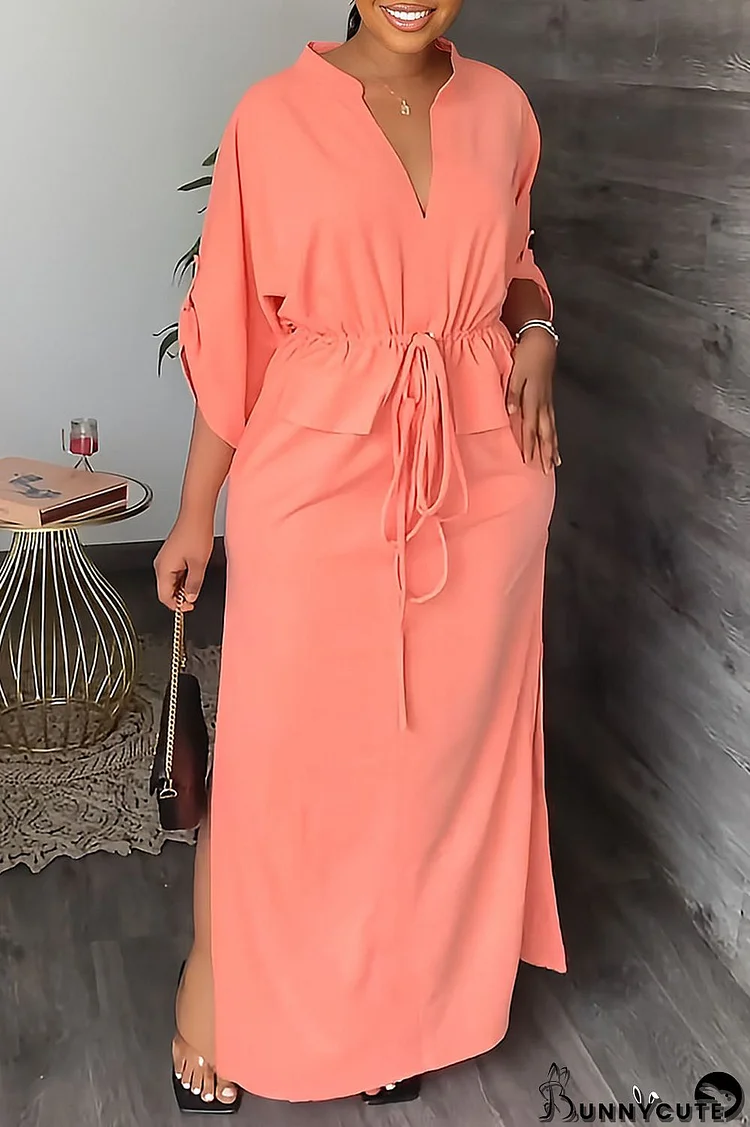 Pink Casual Solid Patchwork V Neck Straight Dresses