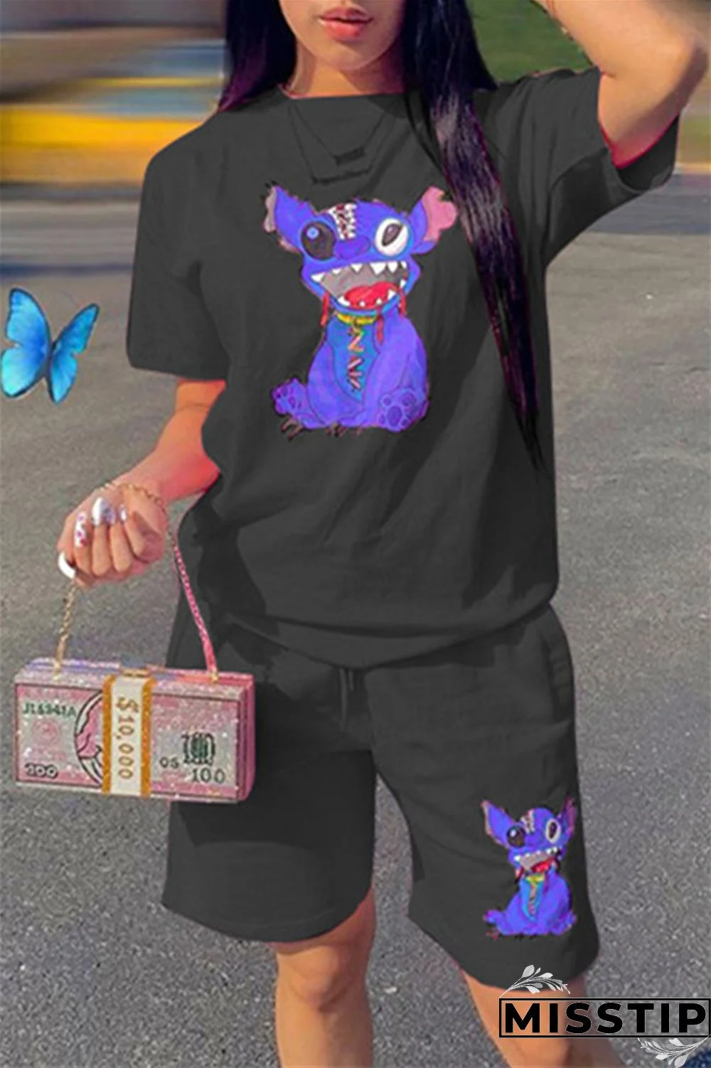 Black Fashion Casual Print Basic O Neck Short Sleeve Two Pieces