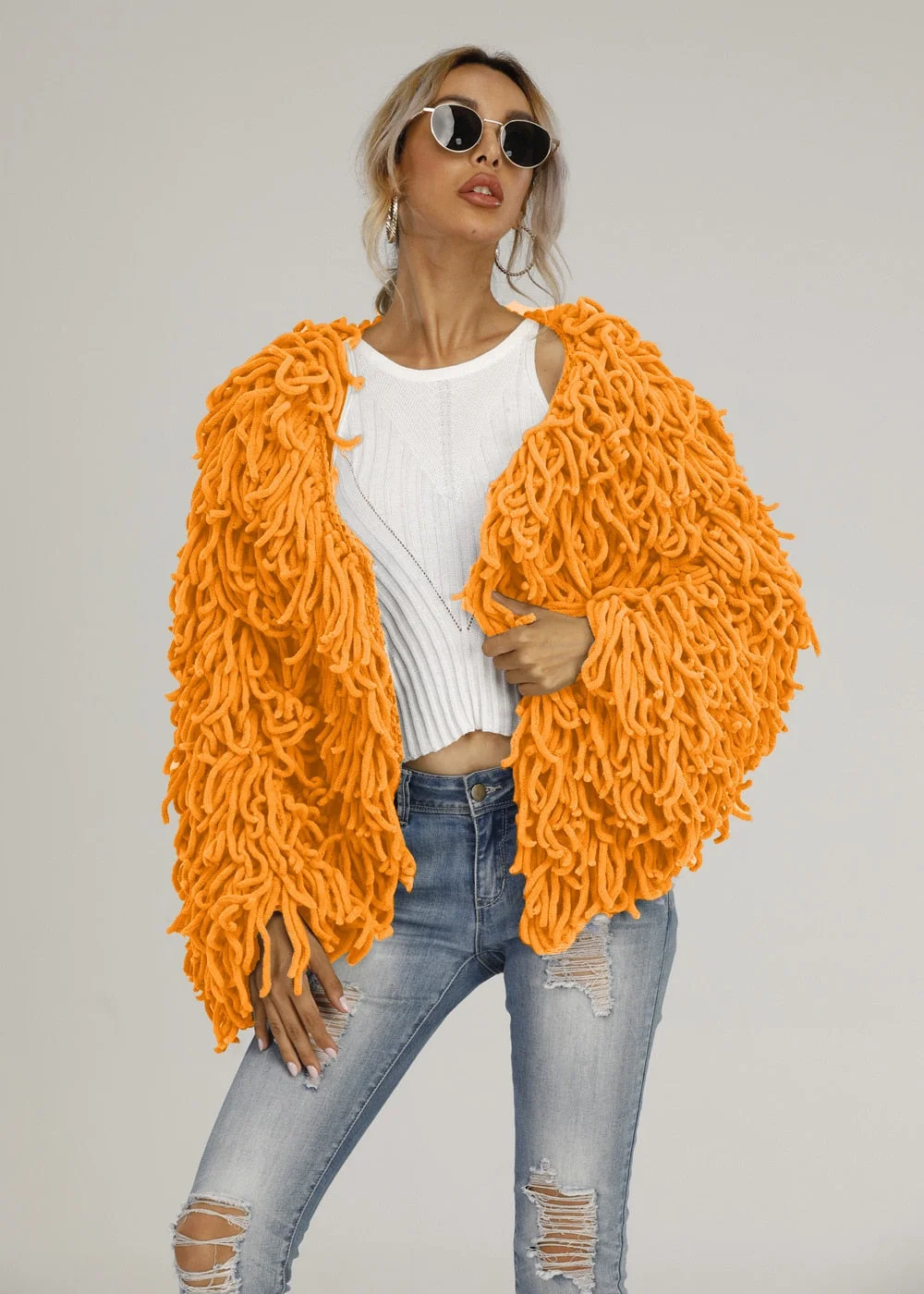 Autumn and winter new woolen woolen plush fringed sweater jacket personality blouse women