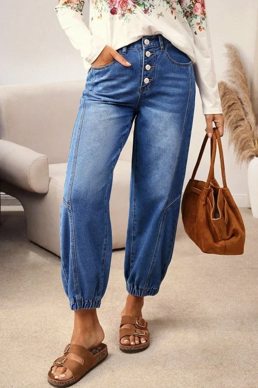 Denim Buttoned Fly Tapered Barrel Leg Jeans