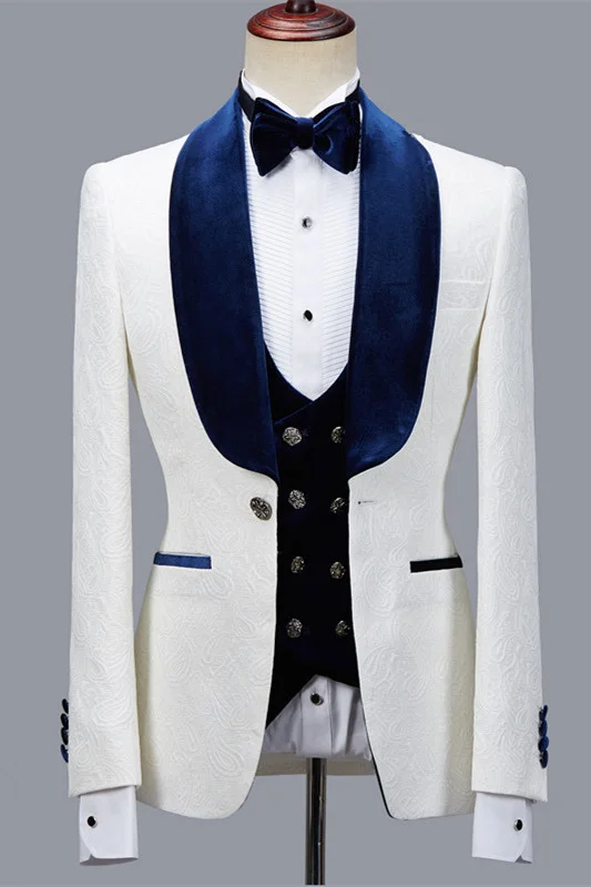 Quincy Handsome White Jacquard Shawl Lapel Men's Suit For Wedding Prom