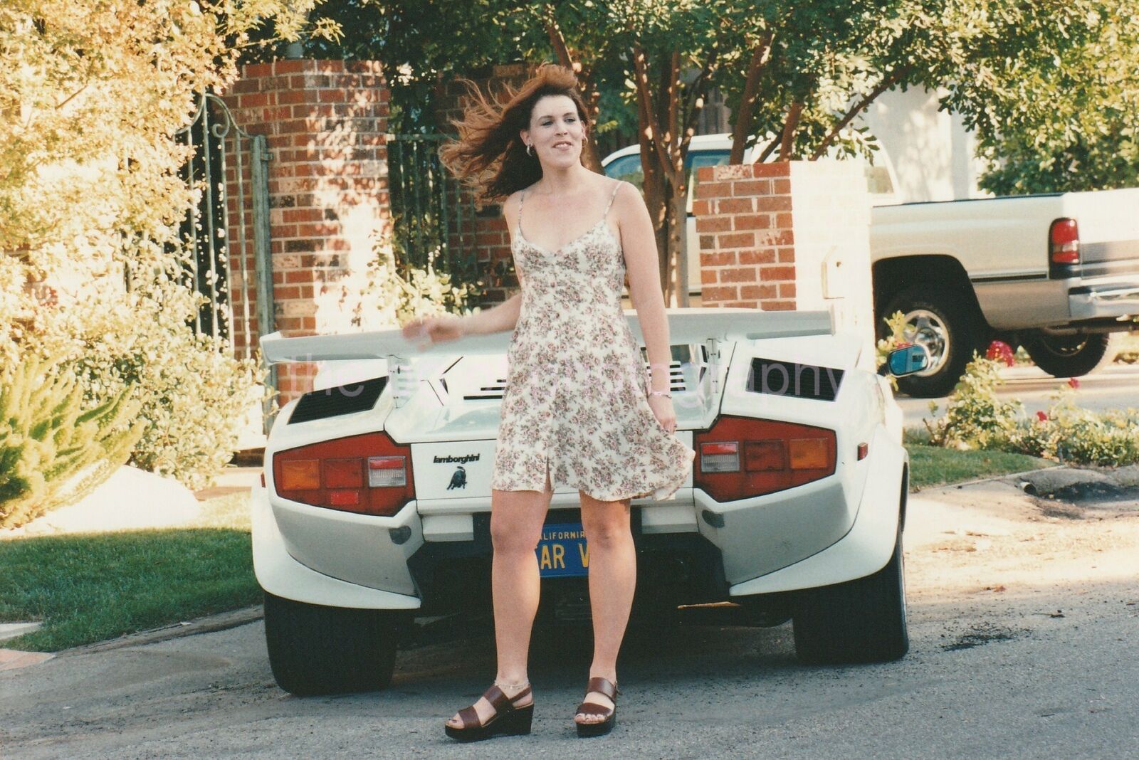 Lamborghini Girl FOUND Photo Poster painting Color CLASSIC CAR Original Snapshot REDHEAD 97 5