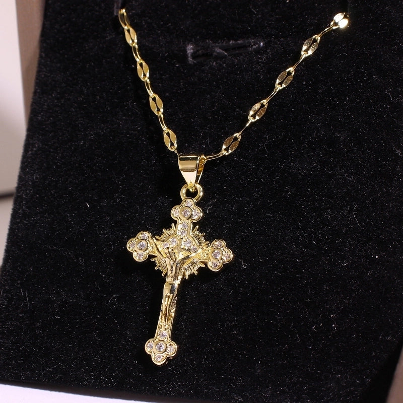 Vintage Style Religion Cross Jesus Copper Zircon 14K Gold Plated Plating Pendant Necklace