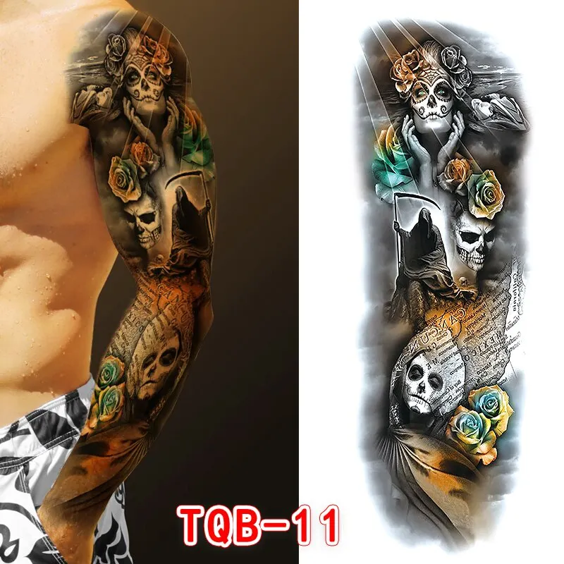 Sdrawing Temporari Tattoo Sticker for Men Death Skull Henna Skeleton King Animal Arm Leg Tatoo Pattern Fake Tattoo for Woman
