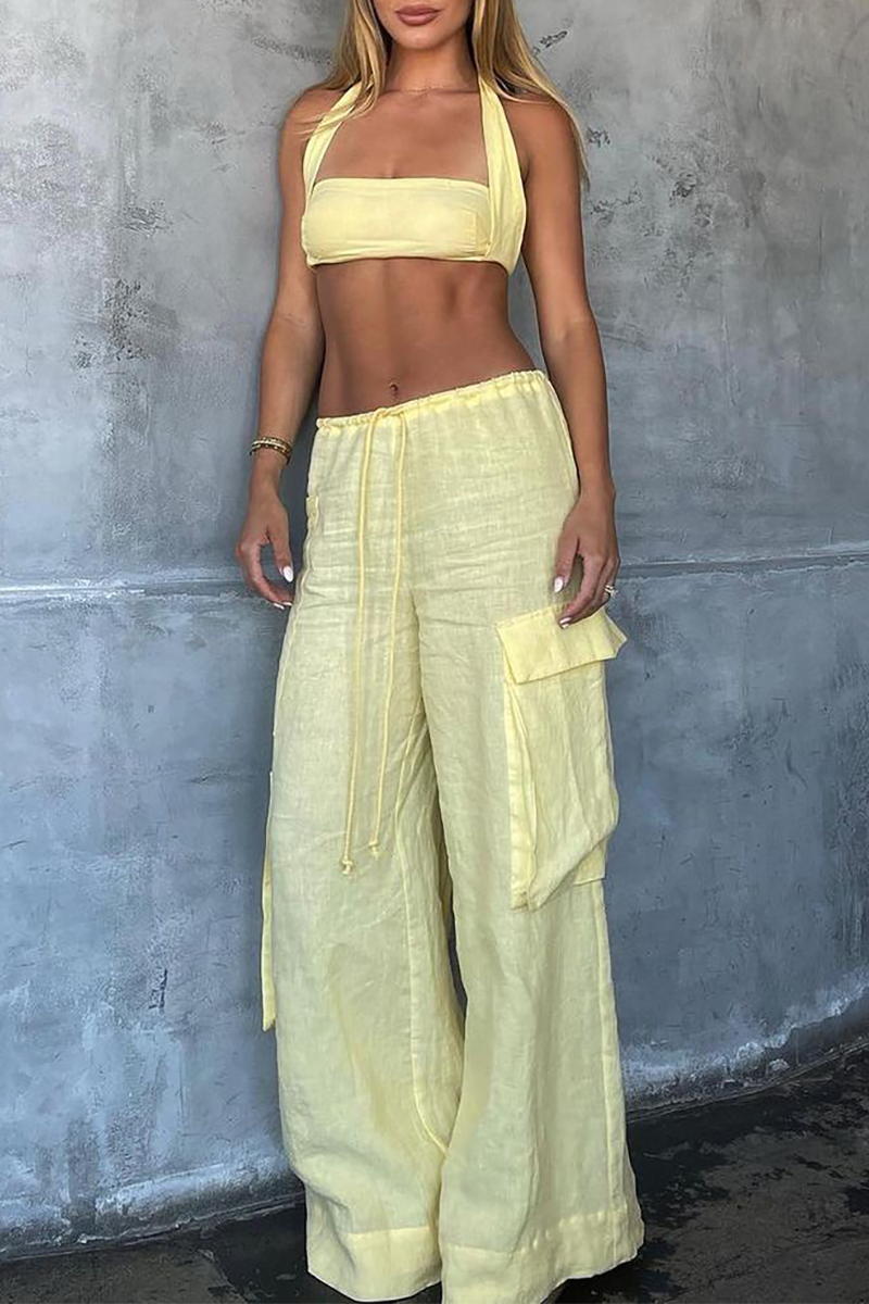 Halter Crop Top Oversize Pocket Wide Leg Pants Matching Set-Yellow