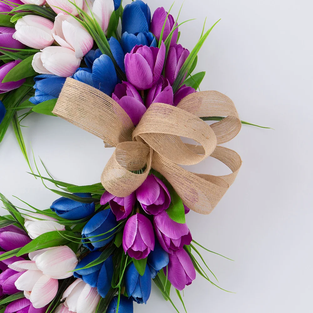 Natural Rattan Festive Simulation Blue Purple Tulip Wreath Decoration