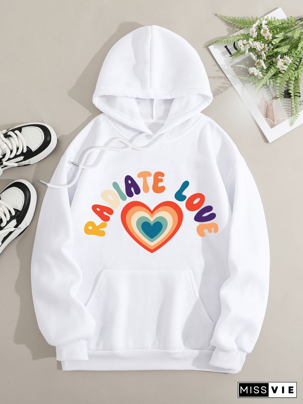 Printed on front Kangaroo Pocket Hoodie Long Sleeve for Women Pattern radiate love