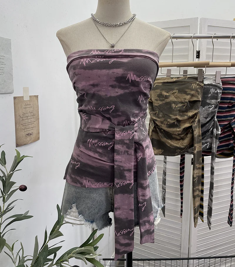 Nigikala Nigikala Shot Y2k With Chest Pads With Chest Pads To Wear Chest Vest Irregular Belt Strap Short Tie-Dye Letter Print Top 9270