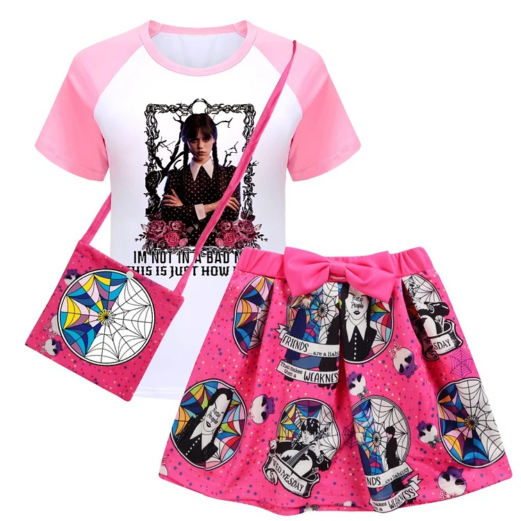 Wednesday Addams Kid's Short Sleeve T-Shirt and Skirt Set-Mayoulove