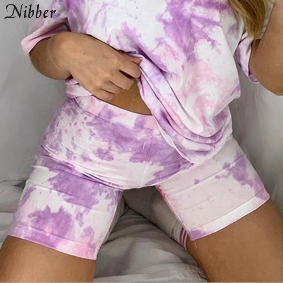 Nibber neon tie-dye graphic top Tees shorts women 2two piece sets summer loose Long T-shirt short casual street wear suit female