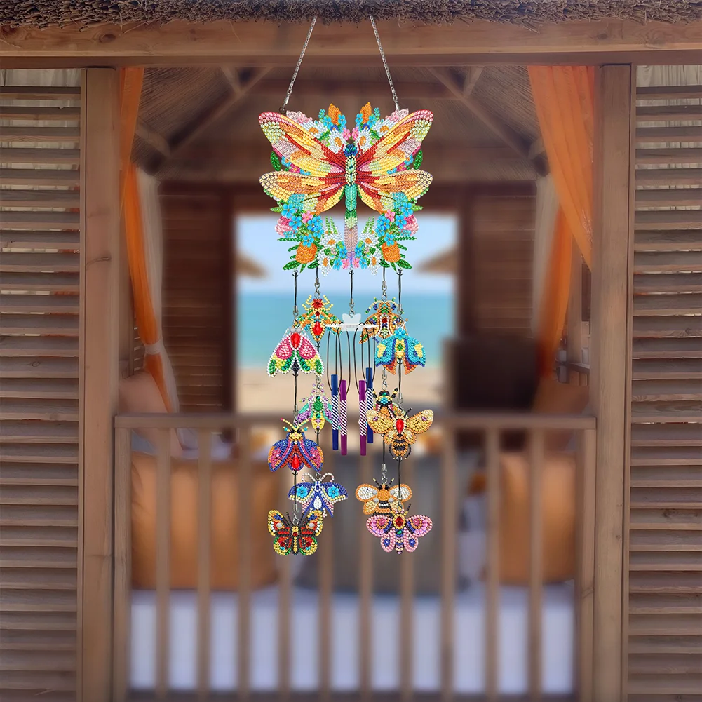 DIY Flower Dragonfly Double Side Wind Chime Diamond Art Hanging Pendant for Home Decor