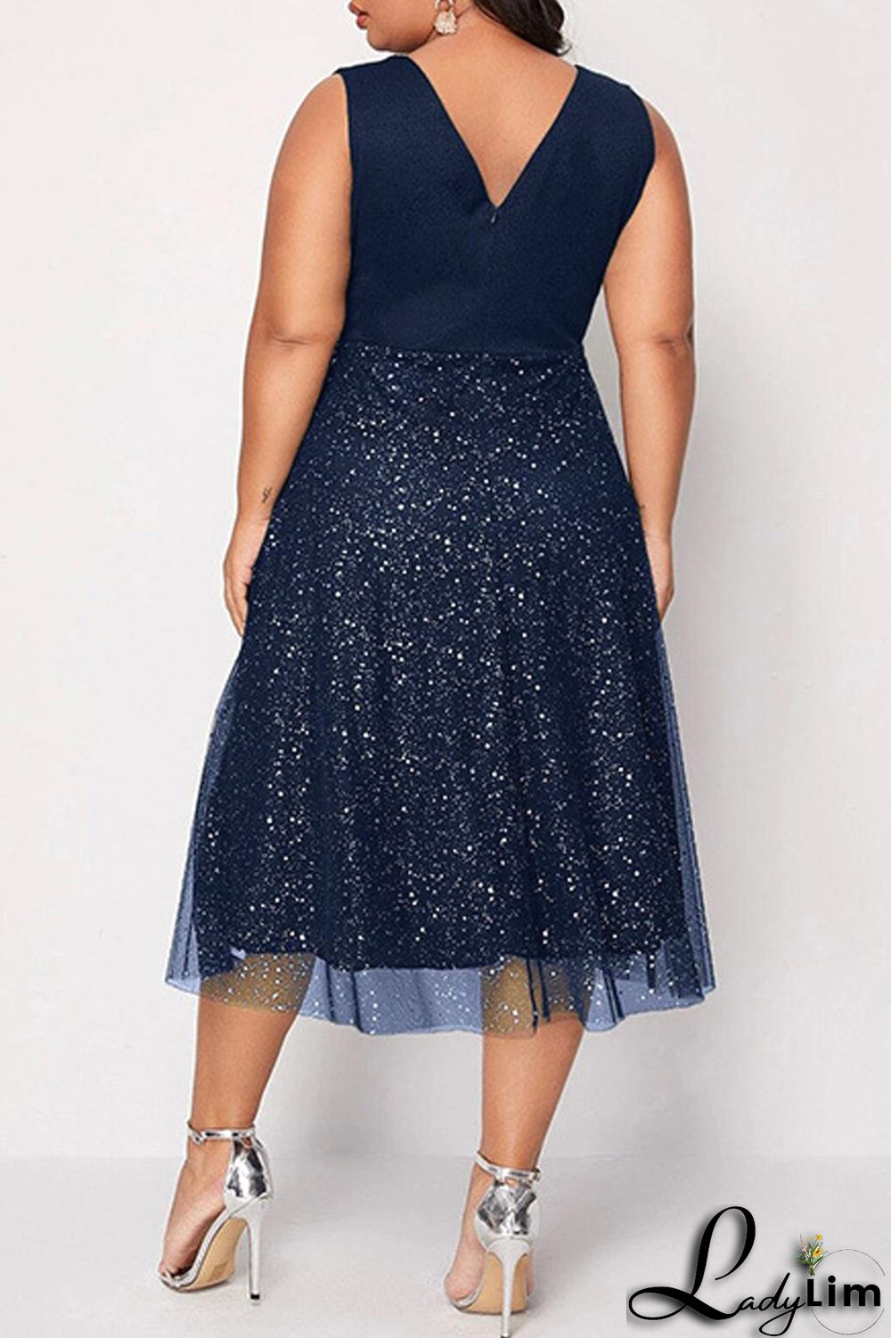 Tibetan Blue Sexy Casual Plus Size Patchwork Bright Silk V Neck Vest Dress