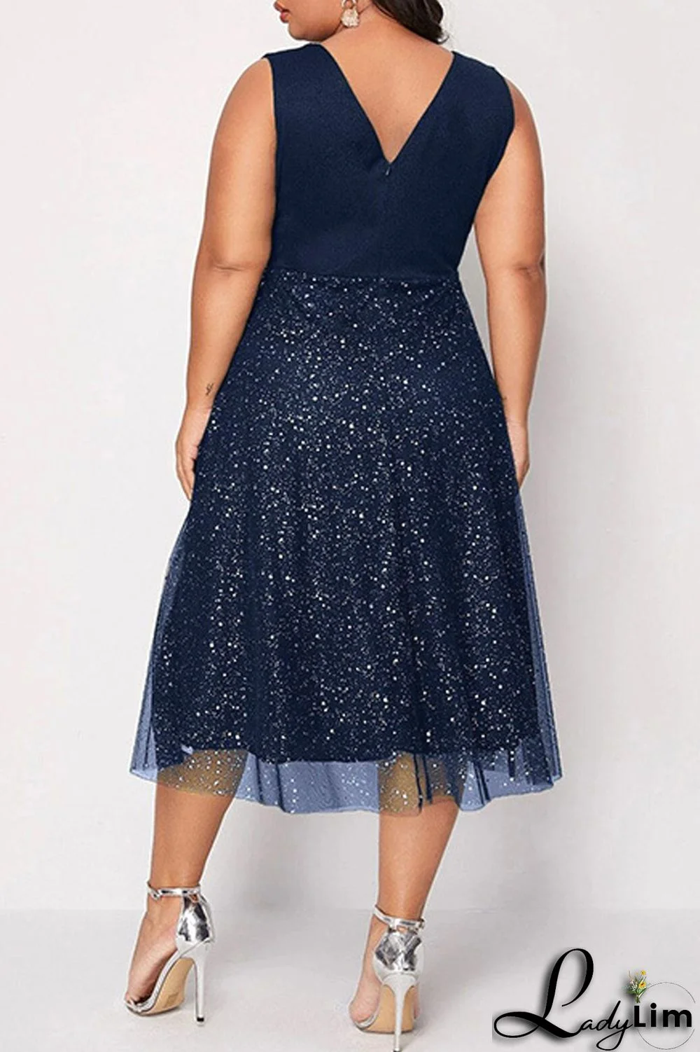 Tibetan Blue Sexy Casual Plus Size Patchwork Bright Silk V Neck Vest Dress