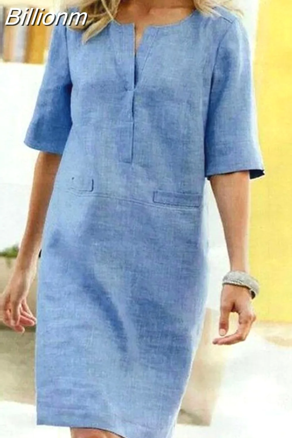 Billionm Color Button O Neck Cotton Linen Summer Dress Women Vintage Short Sleeve Pocket Knee Dress Casual Loose Plus Size Dresses