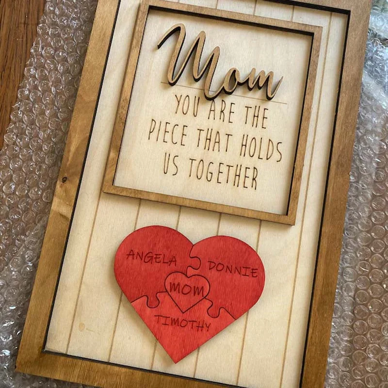 Personalized Rectangle Wooden Puzzle Frame with Bottom Heart Gift for Mom
