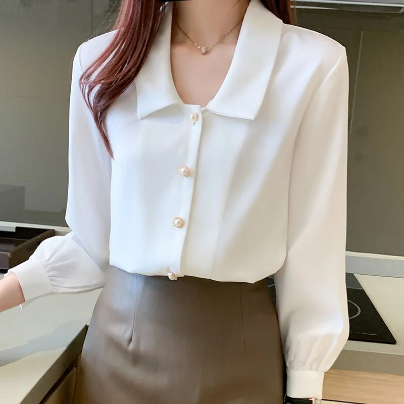 Autumn Long Sleeve Office White Blouse Shirt Blouse Women Blusas Mujer De Moda 2021 Turn Down Collar Chiffon Blouse Tops D662